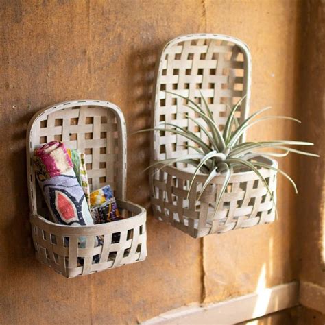 Kalalou Set Of 2 Grey Washed Hanging Split Wood Baskets With Pocket