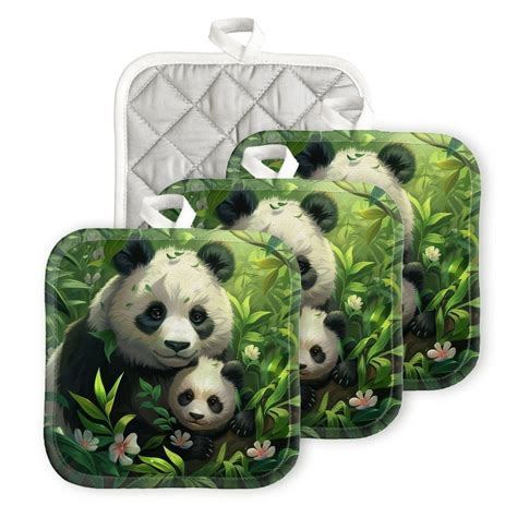 Bahomeck Pot Holder 4Pcs Mother Panda And Cub In The Lush Green Jungle Square Heat Resistant Hot