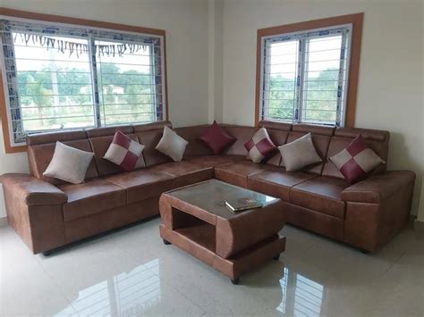 Stainless Steel Leather 6 Seater Brown L Shape Sofa Set Without