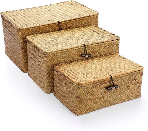 Amazon Hipiwe Set Of Wicker Storage Baskets With Lid Handwoven