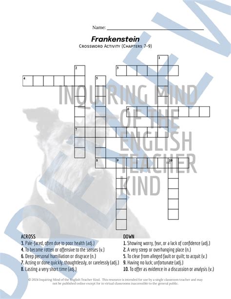 Frankenstein Chapters 7 through 9 Vocabulary Games and Activities