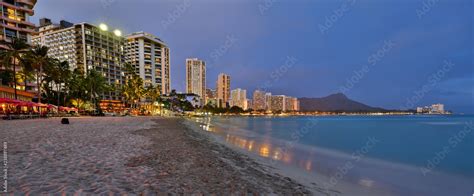 Waikiki Beach, Honolulu, Oahu at Dusk Stock Photo | Adobe Stock