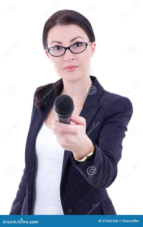 Young Female Journalist With Microphone Taking Interview Isolate ...