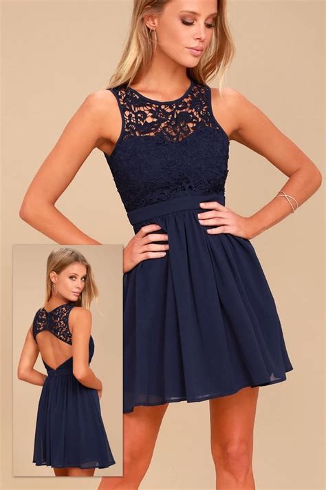 Romantic Tale Navy Blue Lace Skater Dress ~ Lulus ~ May 2018 Blue Lace