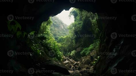 Beautiful cave entrance from inside of the mouth cave with dark ...