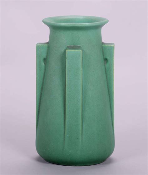 Large Teco Matte Green Four Handle Vase California Historical Design