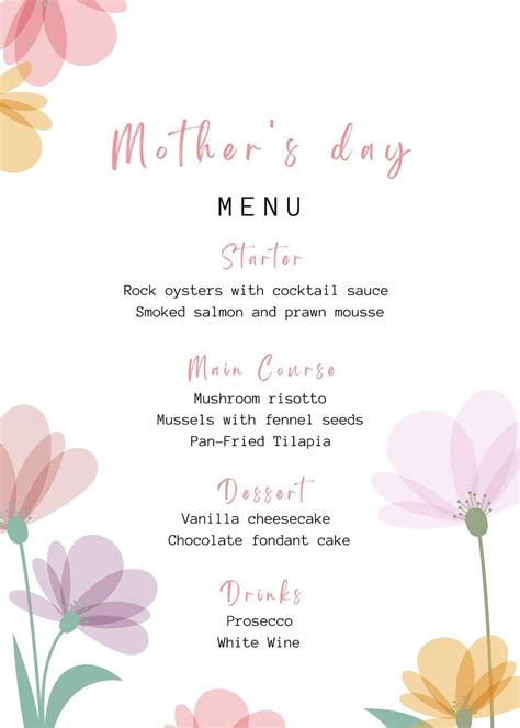 Mothers Day Menu Editable Template Mother Day Dinner Menu Mothers Day