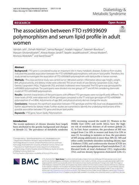 Pdf The Association Between Fto Rs9939609 Polymorphism And Serum