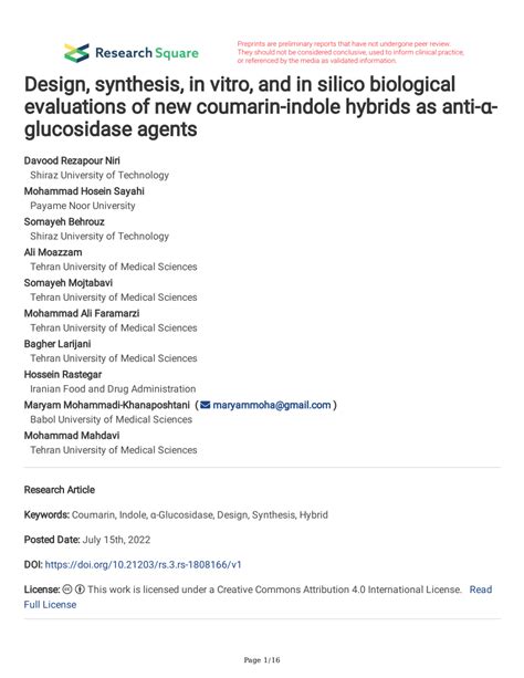 PDF Design Synthesis In Vitro And In Silico Biological Evaluations