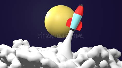 D Cartoon Rocket Launch Illustration With Yellow Moon Background Stock