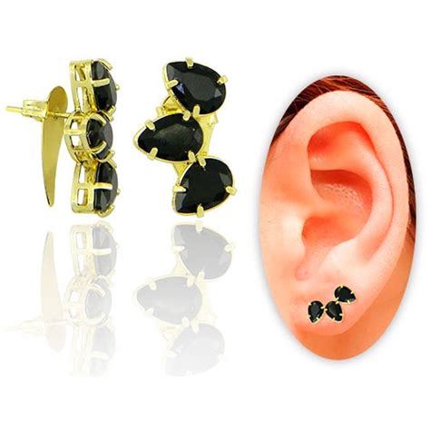 Brinco Ear Cuff Folheado A Ouro Pedras De Vidro Lapidado Em Forma