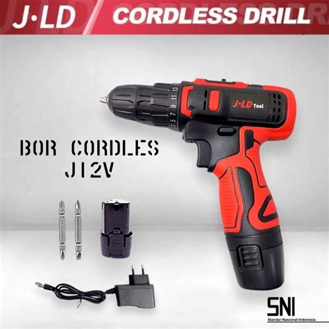 Jual Mesin Bor Baterai Cordless Drill JLD 12V 1A Merah 1 Baterai Paket