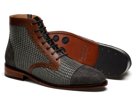 Bottes Homme Brogue En Tweed Cuir Cir Cuir Et Velours Gris Marron