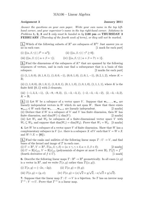 Ma106 2010 2011 Assignment 3 Ma106 Linear Algebra Assignment 3 January 2011 Answer The