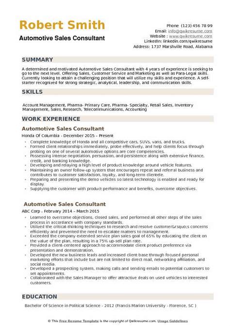 Automotive Sales Consultant Resume Samples Qwikresume