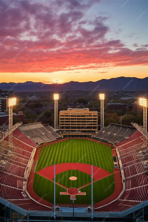 Premium Photo | Aerial view of a baseball stadium at sunset