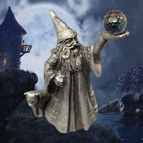 Miniature Pewter Wizard With Crystal Ball And Cat One Of Several