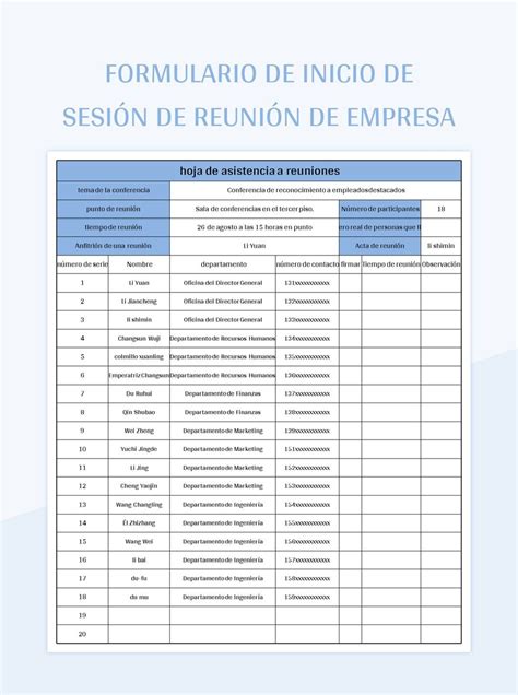 Plantilla De Excel Formulario De Inicio De Sesión De Reunión De Empresa