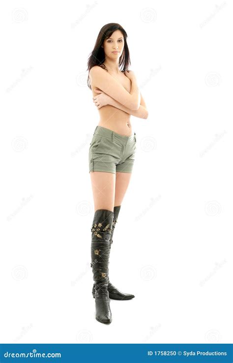 Topless Brunette In Green Shorts And Boots Stock Photo Image Of Black Gorgeous