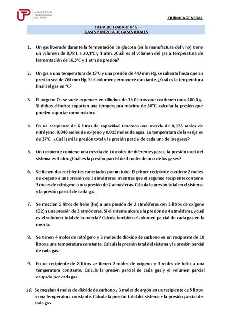 Ficha de trabajo 5 Gases y mezcla de gases QUÍMICA GENERAL FICHA DE