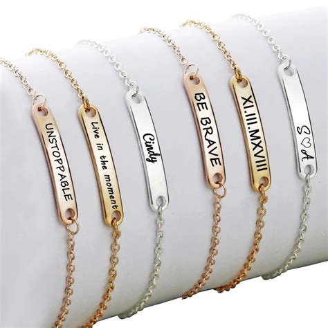 Name Bar Bracelet Gold Dainty Engraved Letter Charm Bracelets Women