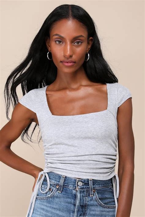 Heather Grey Top Cap Sleeve Top Drawstring Top Crop Top Lulus