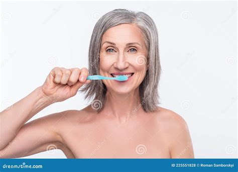 Portrait Of Attractive Nude Healthy Woman Brushing Teeth Fresh Breath Anti Caries Isolated Over