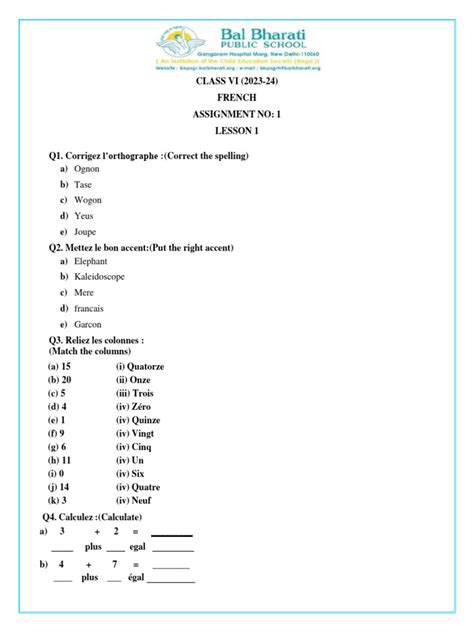 Bbpsgrh Class 6 French Assignment 1 L1 2023 24 Pdf