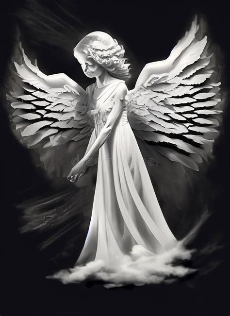 Black and White Illustration with an Angel Stock Illustration - Illustration of bird, sculpture ...