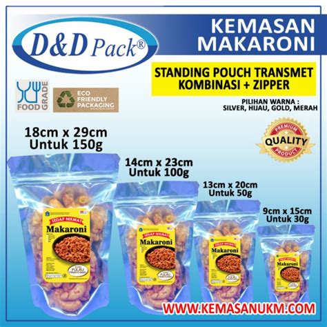 Jual Kemasan Makaroni Standing Pouch Transmet Kombinasi Zipper