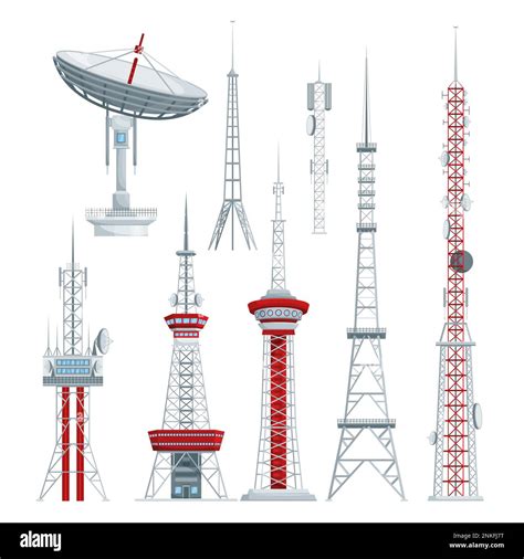 Communication Radio Tv Antenna Towers Set Of Isolated Icons With Views