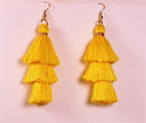 Yellow Tassel Earrings Three Tier Stacked Tassel Earrings Long Tassel