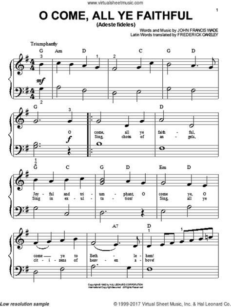 O Come All Ye Faithful Adeste Fideles Sheet Music For Piano Solo Big Note Book