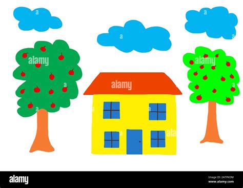 Naive illustration, children's drawing, house with garden and flowers, Germany Stock Photo - Alamy