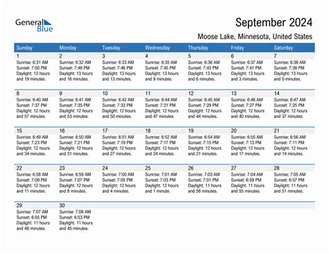 September 2024 Sunrise And Sunset Calendar For Moose Lake PDF Excel