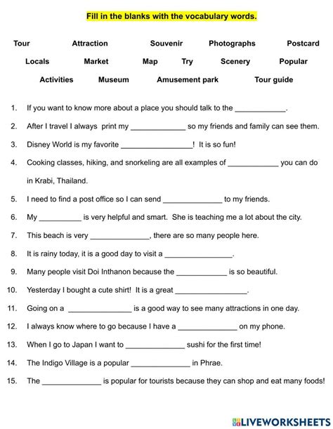 Fill In The Blanks Tourism Worksheet Live Worksheets Worksheets