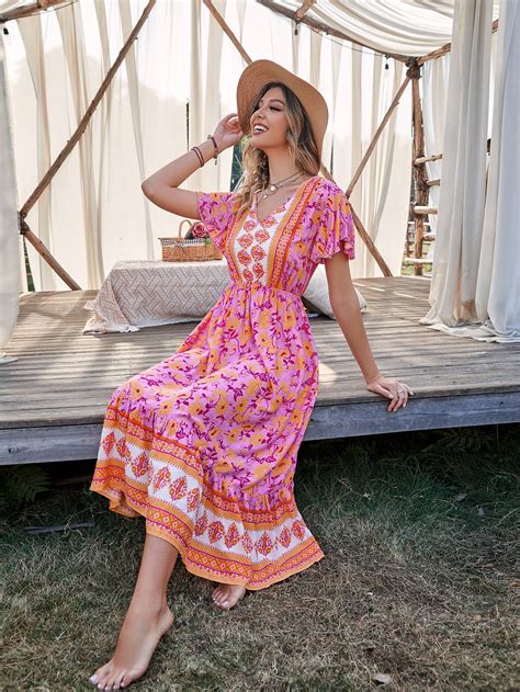 Plissado Bainha De Ruffle Floral Estampa Em Toda A Parte Boho Vestido