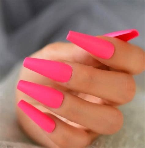 Glue On Press On Nails Extra Long Coffin Bright Hot Pink Matte Etsy