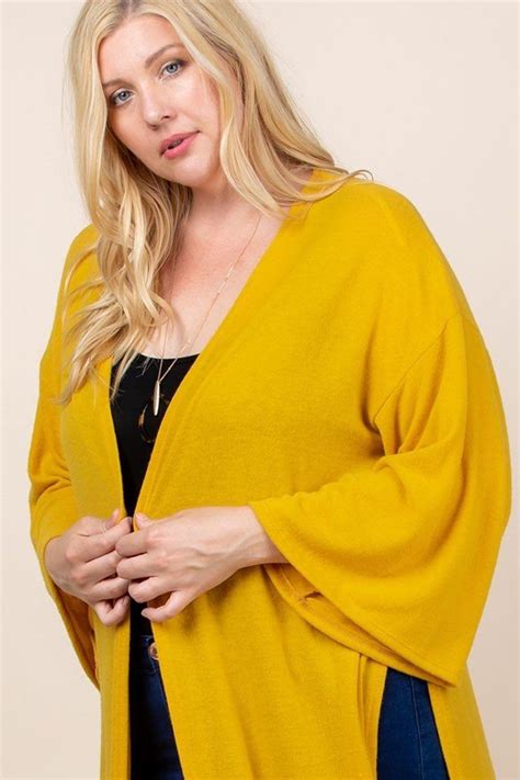 Plus Size Solid Hacci Brush Open Front Long Cardigan With Bell Sleeves Open Front Long