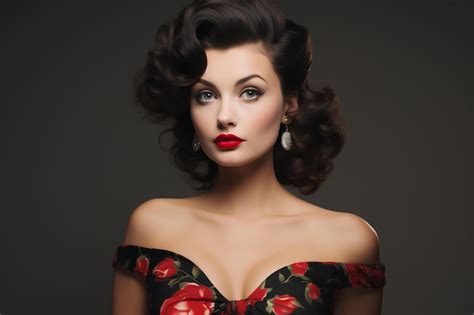 Premium Photo Ooo Pin Up Style Beauty Brunette Woman Of Vintage Hair And Beautiful Red Lips