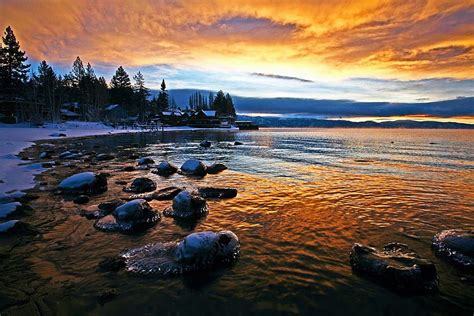 Lake Tahoe At Sunset Painting Clouds Trees Sky Water Stones HD