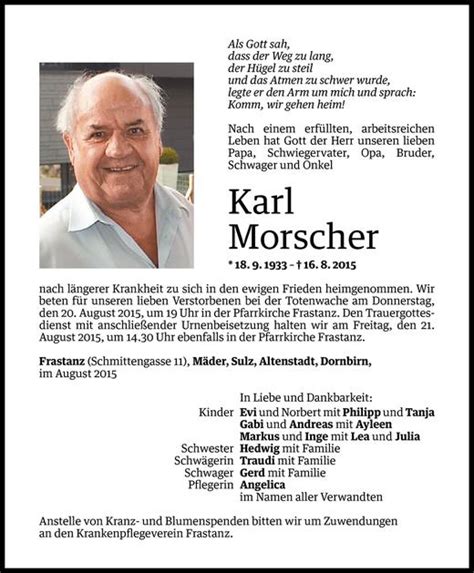 Todesanzeigen Von Karl Morscher Todesanzeigen Vorarlberger Nachrichten