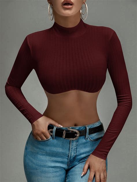 Shein Sxy Mock Neck Rib Knit Crop Top Shein Usa