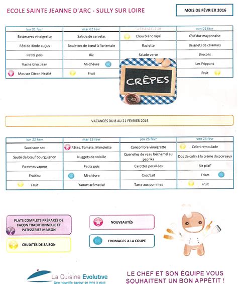 Menu Cantine Cole Jeanne D Arc Sully F Vrier Ecole Jeanne D Arc De