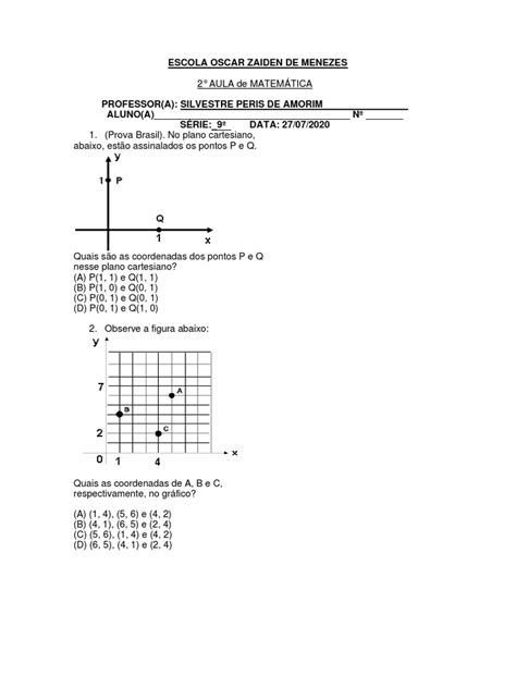 Coordenadas De Pontos No Plano Cartesiano E Exercícios Resolvidos De