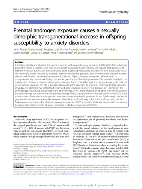 Pdf Prenatal Androgen Exposure Causes A Sexually Dimorphic