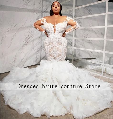 Graceful Plus Size Mermaid Wedding Dress Appliques Tiered Ruffles Bridal Gowns Custom Made Sheer