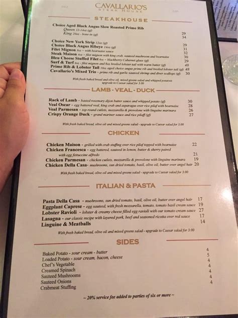 Menu at Cavallario's Steak & Seafood steakhouse, Alexandria Bay
