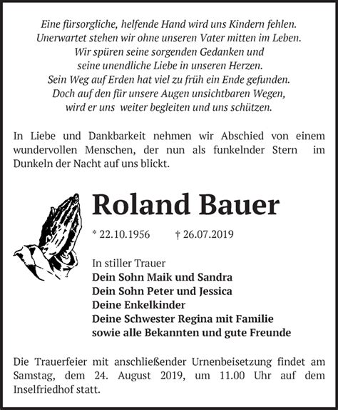 Traueranzeigen von Roland Bauer Märkische Onlinezeitung Trauerportal