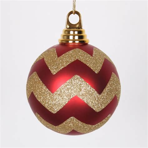 Vickerman 4 In Red Gold Glitter Chevron Ball Christmas Ornament